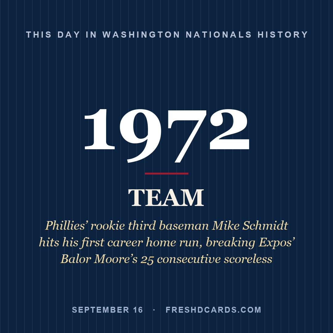 Washington Nationals: Washington Nationals, 1972, Phillies’ rookie third baseman Mike Schmidt hits his first career home run, breaking Expos’ Balor Moore’s 25 consecutive scoreless