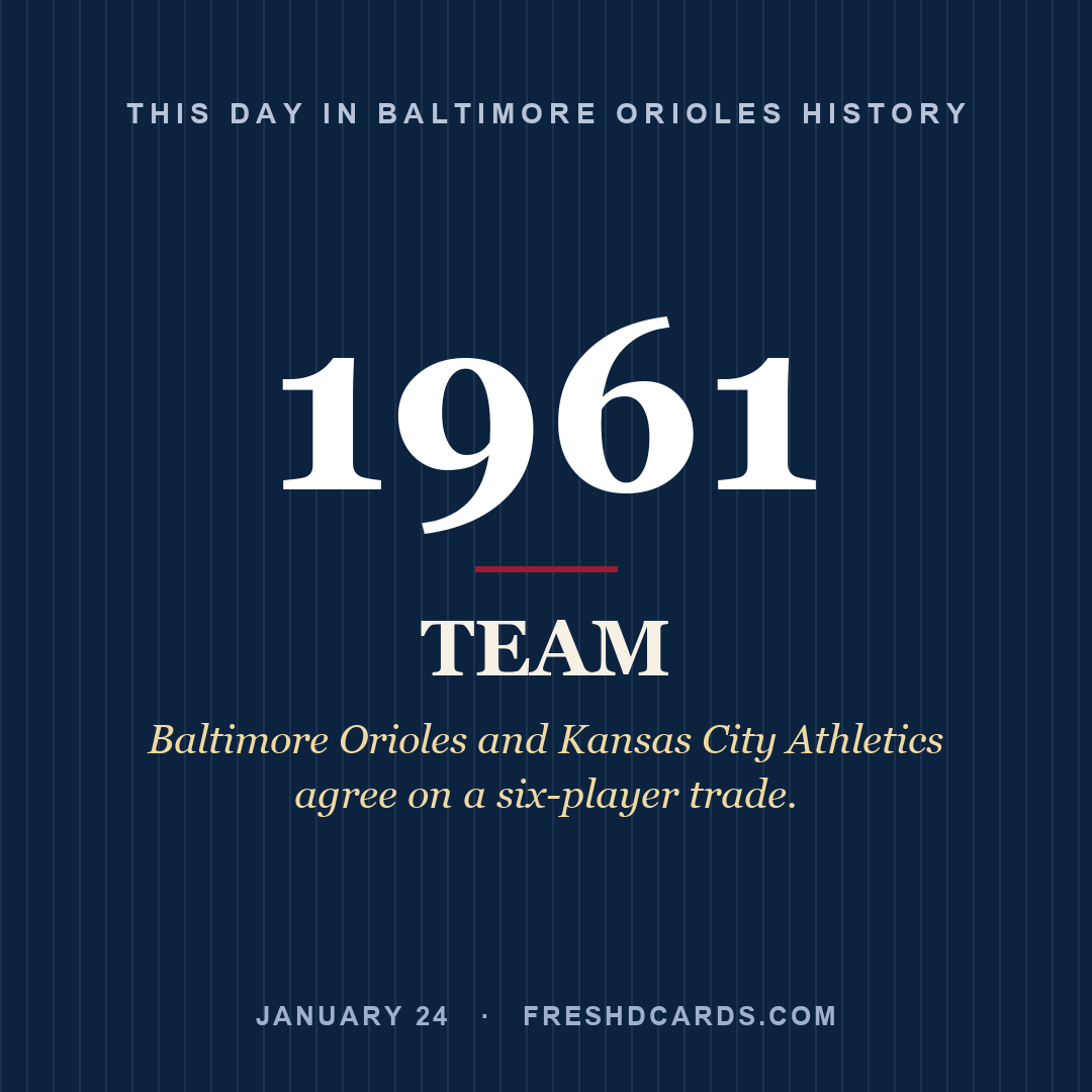 Baltimore Orioles: Baltimore Orioles, 1961, Baltimore Orioles and Kansas City Athletics agree on a six-player trade.