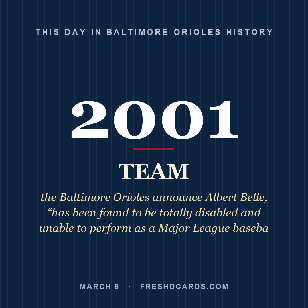 Baltimore Orioles: Baltimore Orioles, 2001, the Baltimore Orioles announce Albert Belle, “has been found to be totally disabled and unable to perform as a Major League baseba
