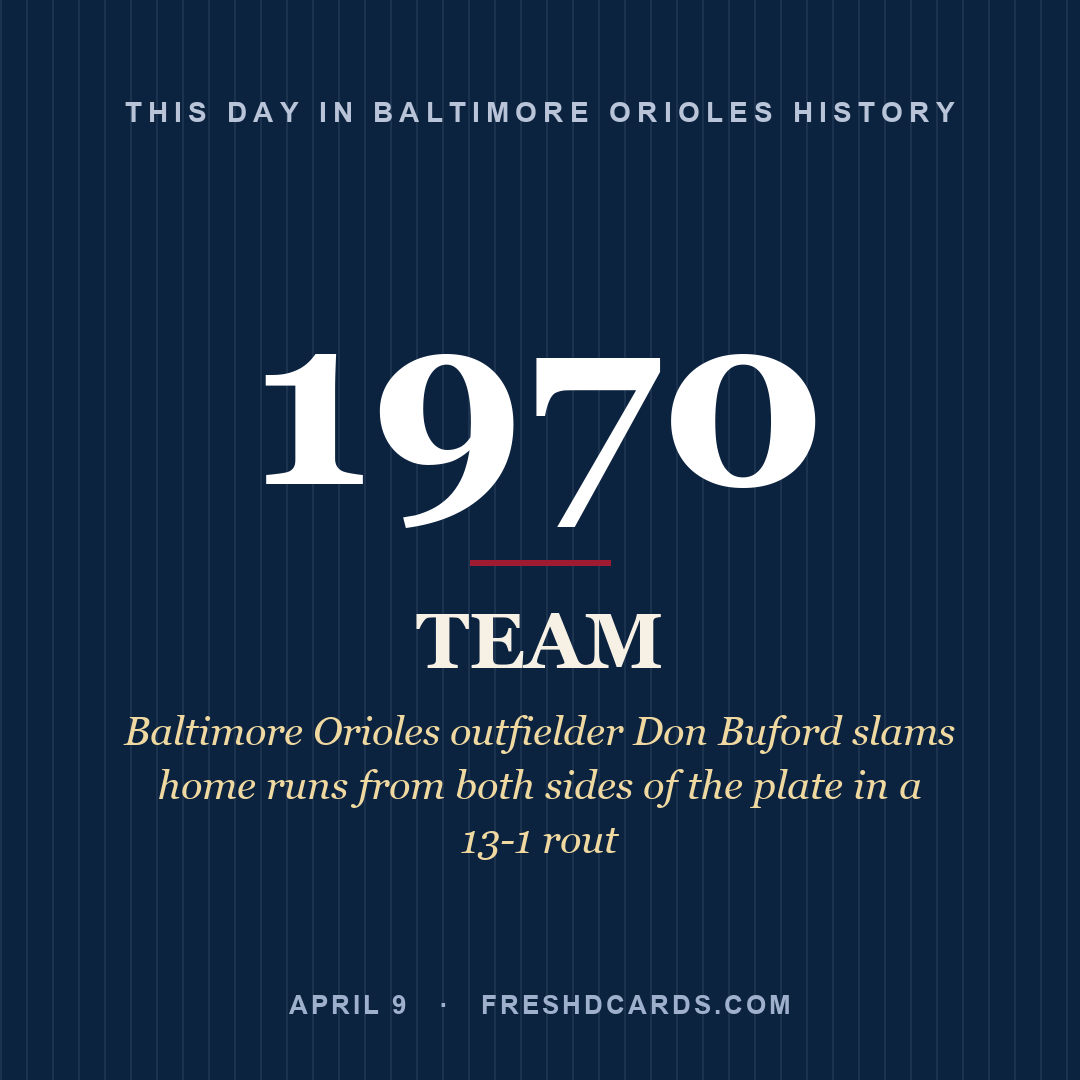 Baltimore Orioles: Baltimore Orioles, 1970, Baltimore Orioles outfielder Don Buford slams home runs from both sides of the plate in a 13-1 rout