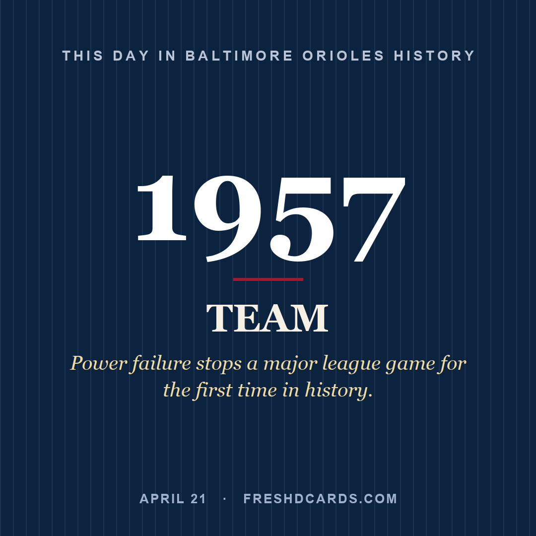 Baltimore Orioles: Baltimore Orioles, 1957, Power failure stops a major league game for the first time in history.