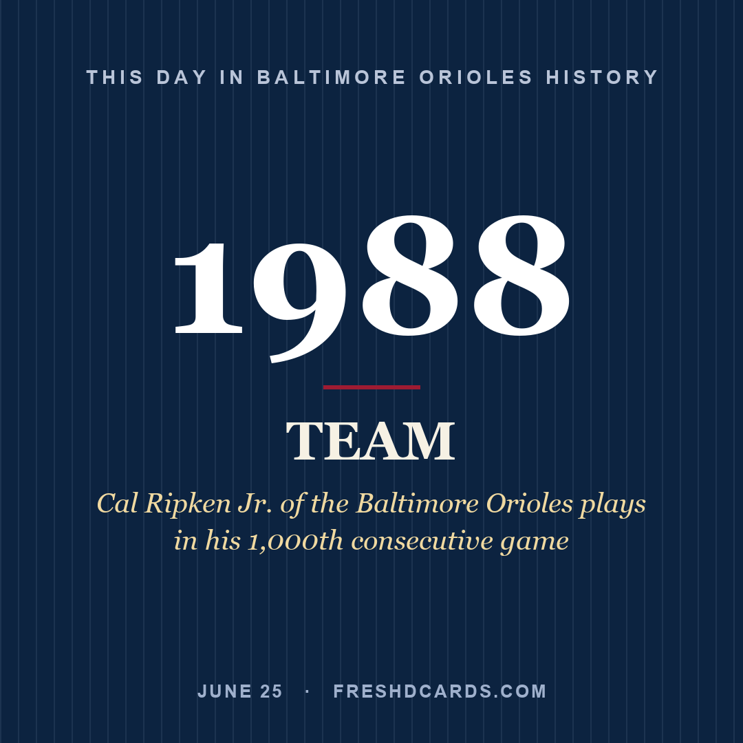 Baltimore Orioles: Baltimore Orioles, 1988, Cal Ripken Jr. of the Baltimore Orioles plays in his 1,000th consecutive game
