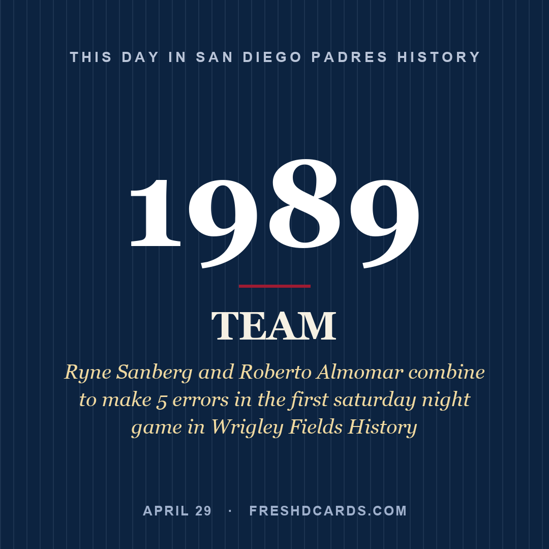 San Diego Padres: San Diego Padres, 1989, Ryne Sanberg and Roberto Almomar combine to make 5 errors in the first saturday night game in Wrigley Fields History