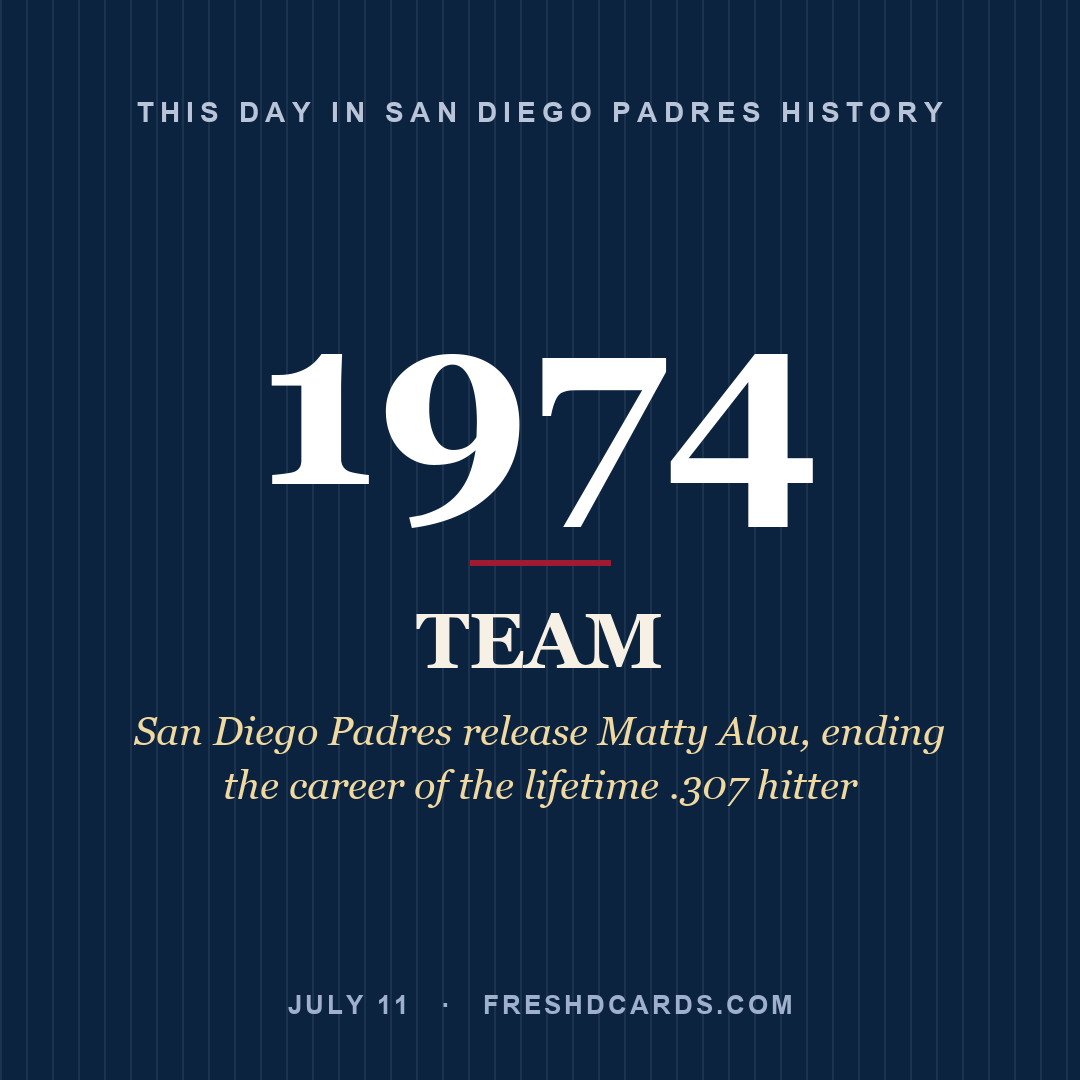 San Diego Padres: San Diego Padres, 1974, San Diego Padres release Matty Alou, ending the career of the lifetime .307 hitter