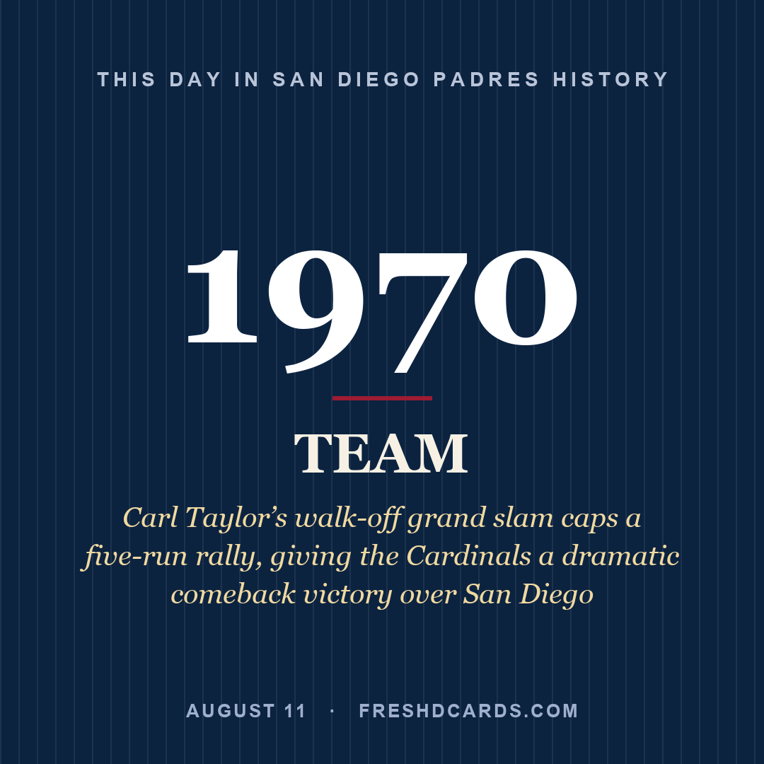 San Diego Padres: San Diego Padres, 1970, Carl Taylor’s walk-off grand slam caps a five-run rally, giving the Cardinals a dramatic comeback victory over San Diego
