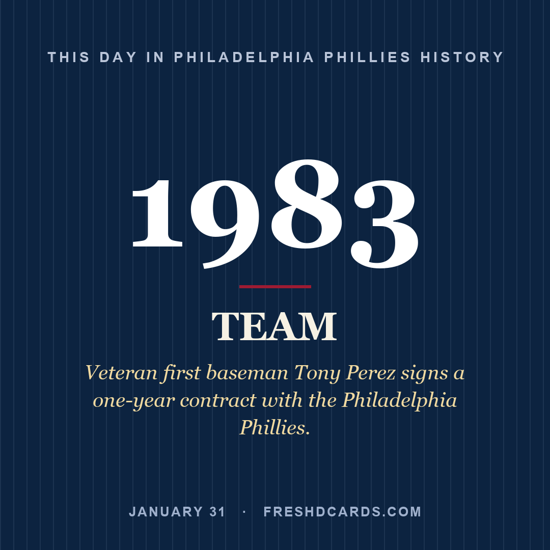 Philadelphia Phillies: Philadelphia Phillies, 1983, Veteran first baseman Tony Perez signs a one-year contract with the Philadelphia Phillies.