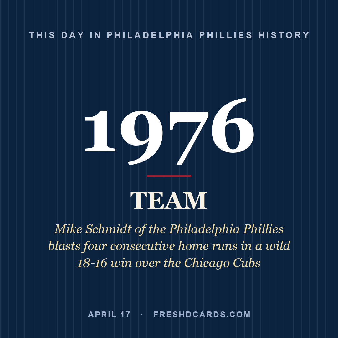 Philadelphia Phillies: Philadelphia Phillies, 1976, Mike Schmidt of the Philadelphia Phillies blasts four consecutive home runs in a wild 18-16 win over the Chicago Cubs