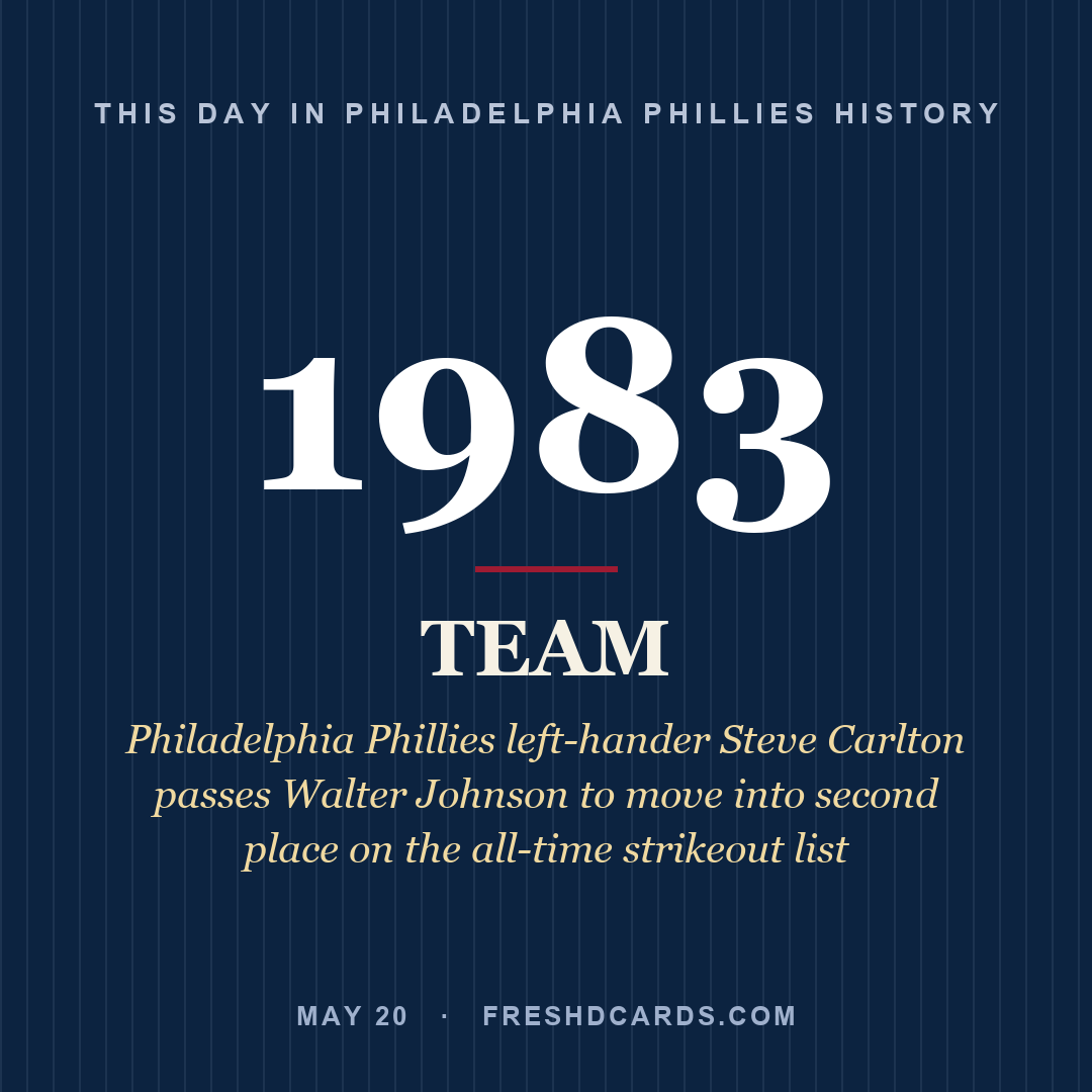 Philadelphia Phillies: Philadelphia Phillies, 1983, Philadelphia Phillies left-hander Steve Carlton passes Walter Johnson to move into second place on the all-time strikeout list