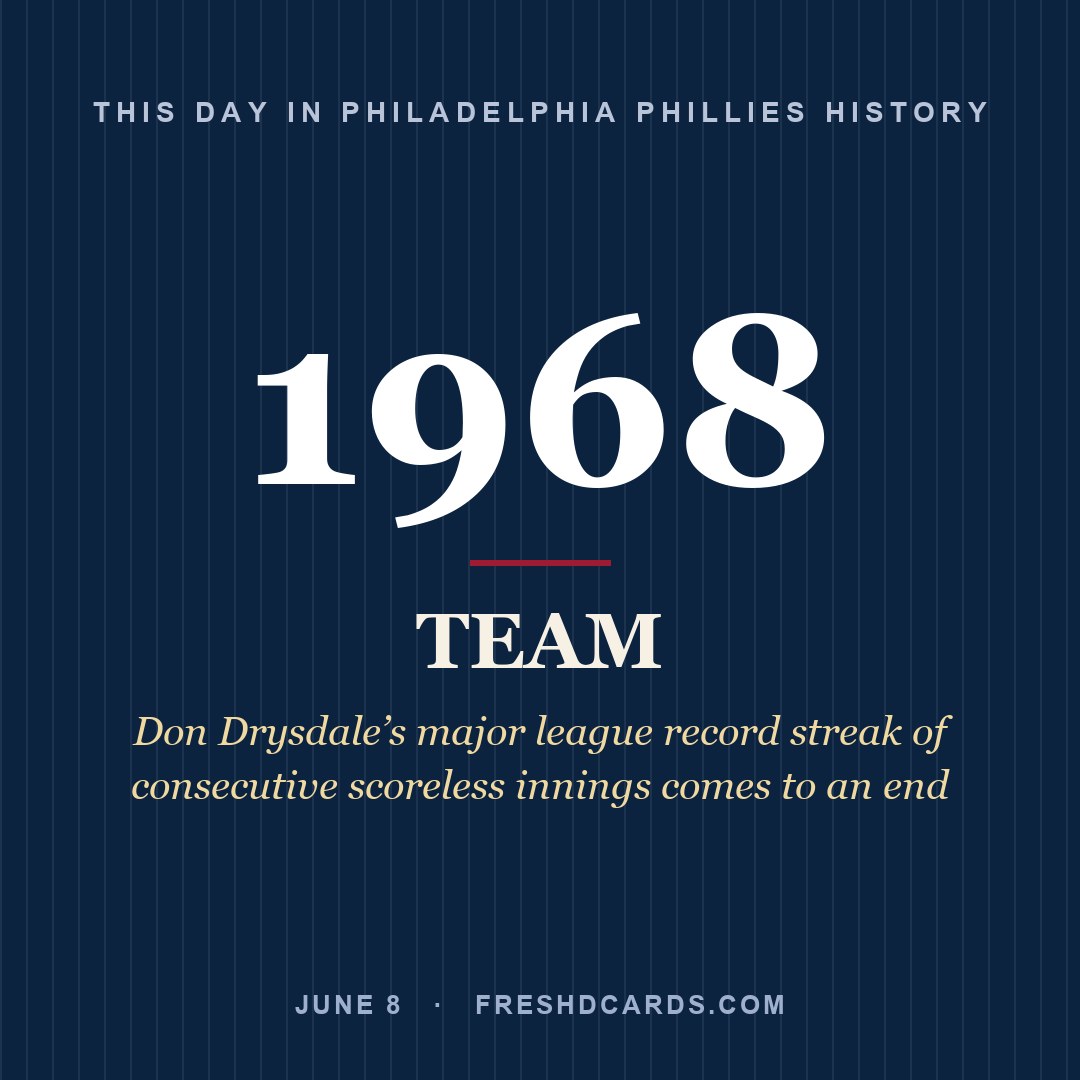 Philadelphia Phillies: Philadelphia Phillies, 1968, Don Drysdale’s major league record streak of consecutive scoreless innings comes to an end