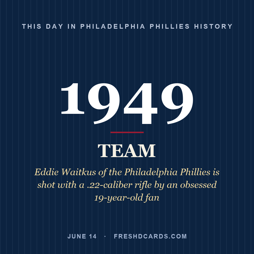 Philadelphia Phillies: Philadelphia Phillies, 1949, Eddie Waitkus of the Philadelphia Phillies is shot with a .22-caliber rifle by an obsessed 19-year-old fan