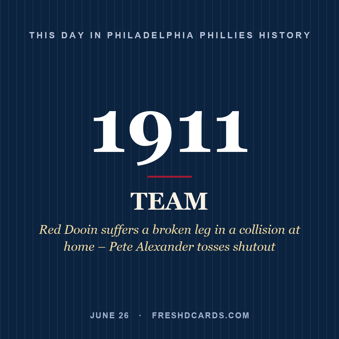 Philadelphia Phillies: Philadelphia Phillies, 1911, Red Dooin suffers a broken leg in a collision at home – Pete Alexander tosses shutout
