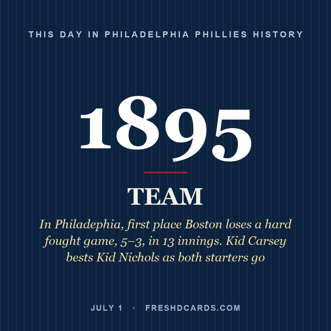Philadelphia Phillies: Philadelphia Phillies, 1895, In Philadephia, first place Boston loses a hard fought game, 5–3, in 13 innings. Kid Carsey bests Kid Nichols as both starters go