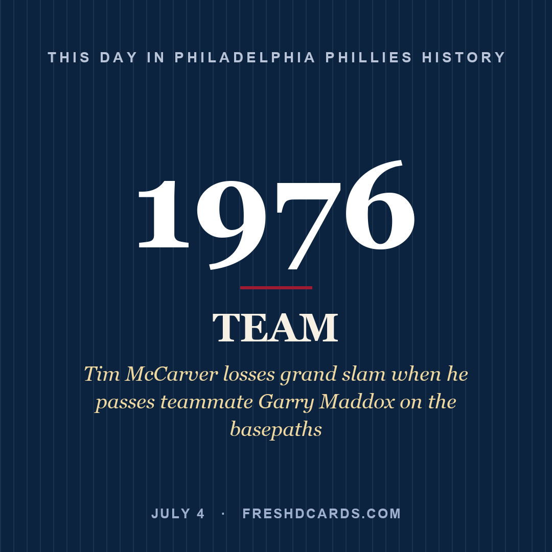 Philadelphia Phillies: Philadelphia Phillies, 1976, Tim McCarver losses grand slam when he passes teammate Garry Maddox on the basepaths