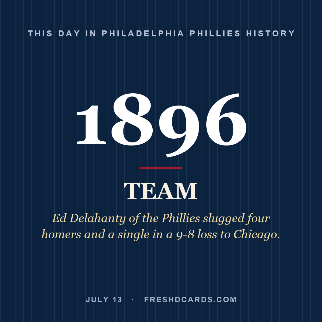 Philadelphia Phillies: Philadelphia Phillies, 1896, Ed Delahanty of the Phillies slugged four homers and a single in a 9-8 loss to Chicago.