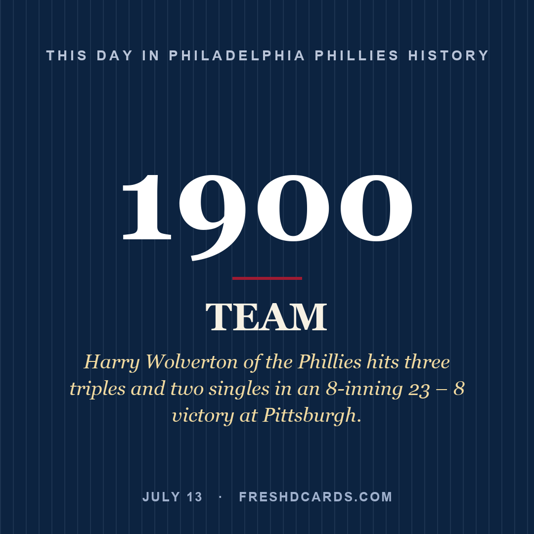 Philadelphia Phillies: Philadelphia Phillies, 1900, Harry Wolverton of the Phillies hits three triples and two singles in an 8-inning 23 – 8 victory at Pittsburgh.