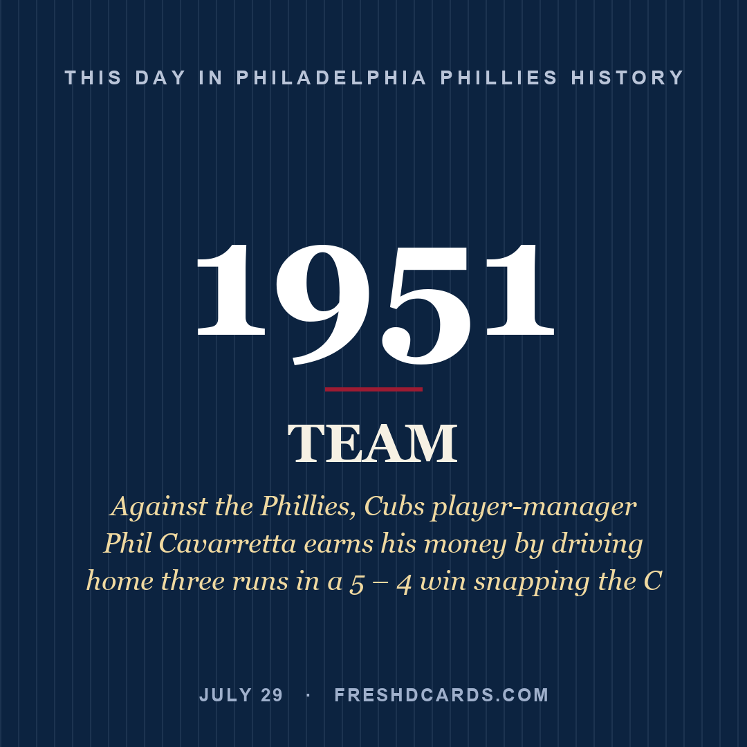Philadelphia Phillies: Philadelphia Phillies, 1951, Against the Phillies, Cubs player-manager Phil Cavarretta earns his money by driving home three runs in a 5 – 4 win snapping the C