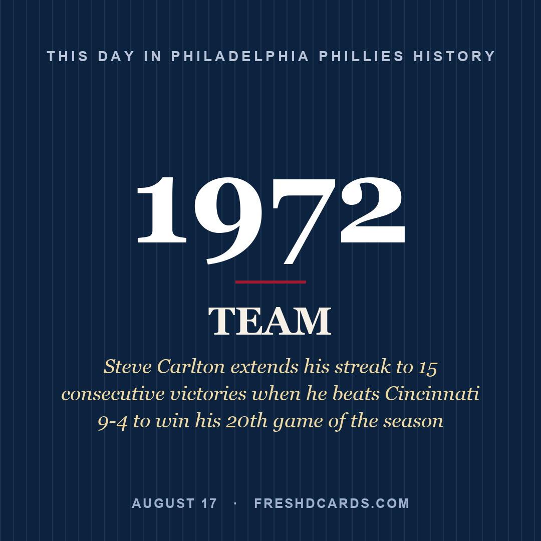 Philadelphia Phillies: Philadelphia Phillies, 1972, Steve Carlton extends his streak to 15 consecutive victories when he beats Cincinnati 9-4 to win his 20th game of the season