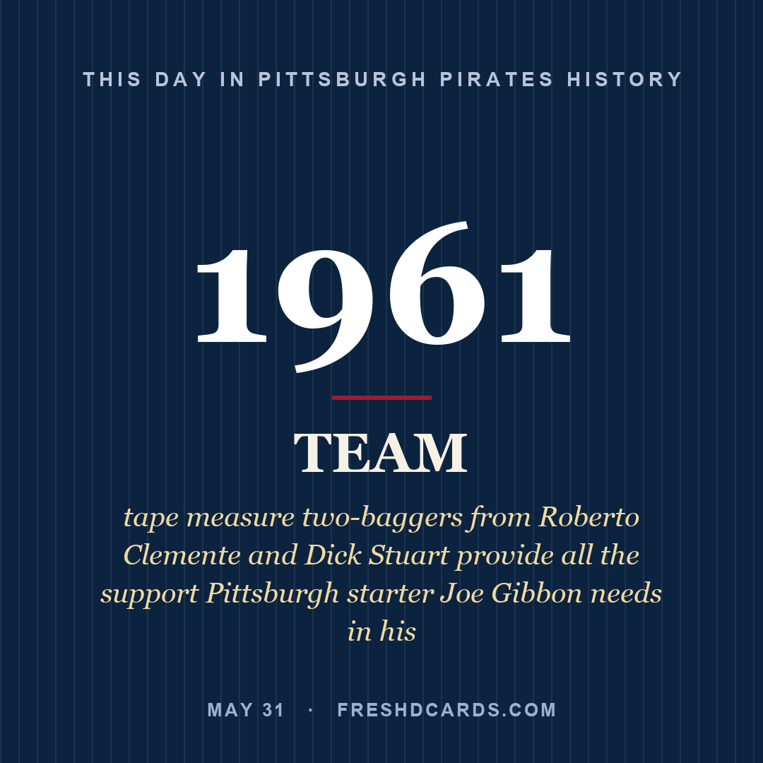 Pittsburgh Pirates: Pittsburgh Pirates, 1961, tape measure two-baggers from Roberto Clemente and Dick Stuart provide all the support Pittsburgh starter Joe Gibbon needs in his