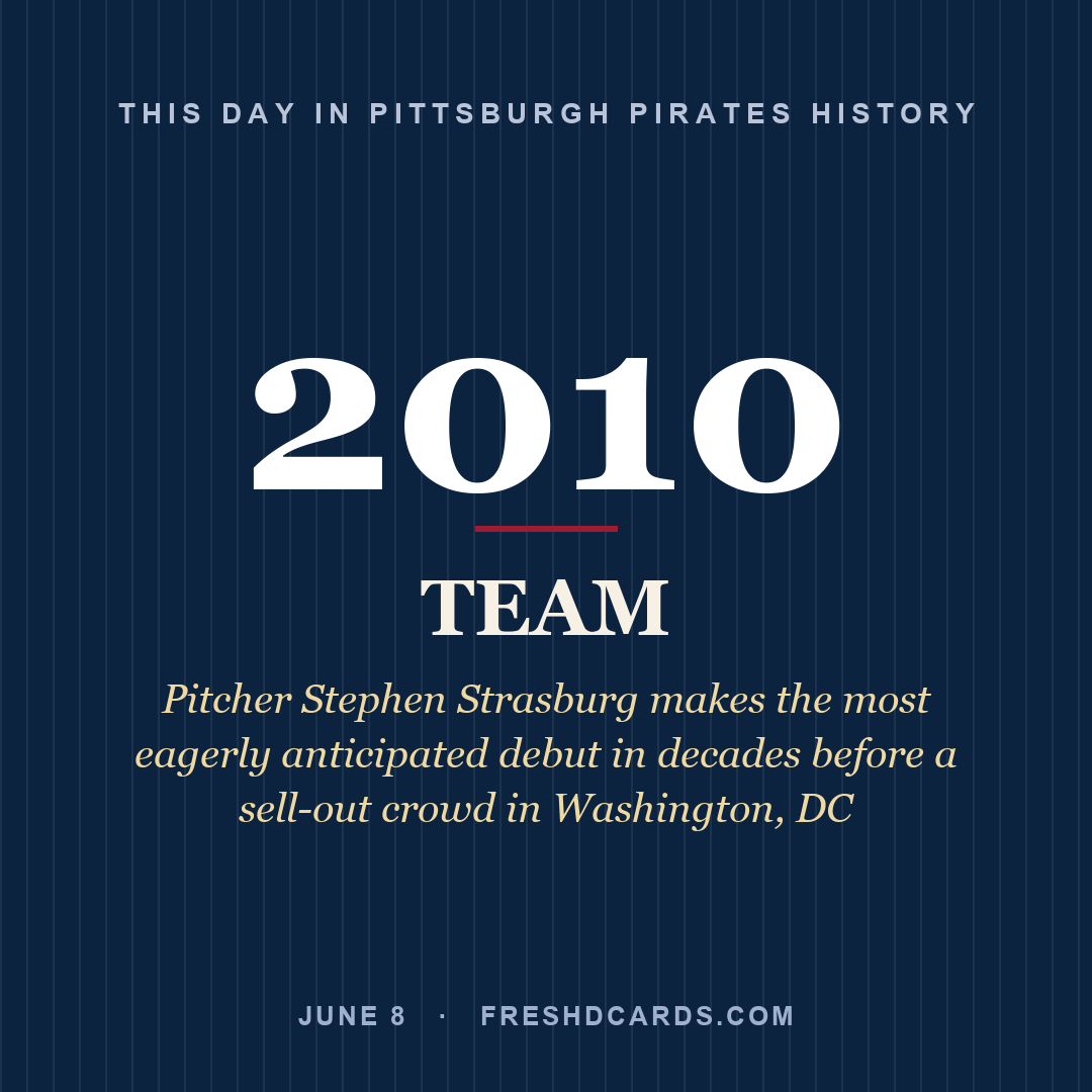 Pittsburgh Pirates: Pittsburgh Pirates, 2010, Pitcher Stephen Strasburg makes the most eagerly anticipated debut in decades before a sell-out crowd in Washington, DC