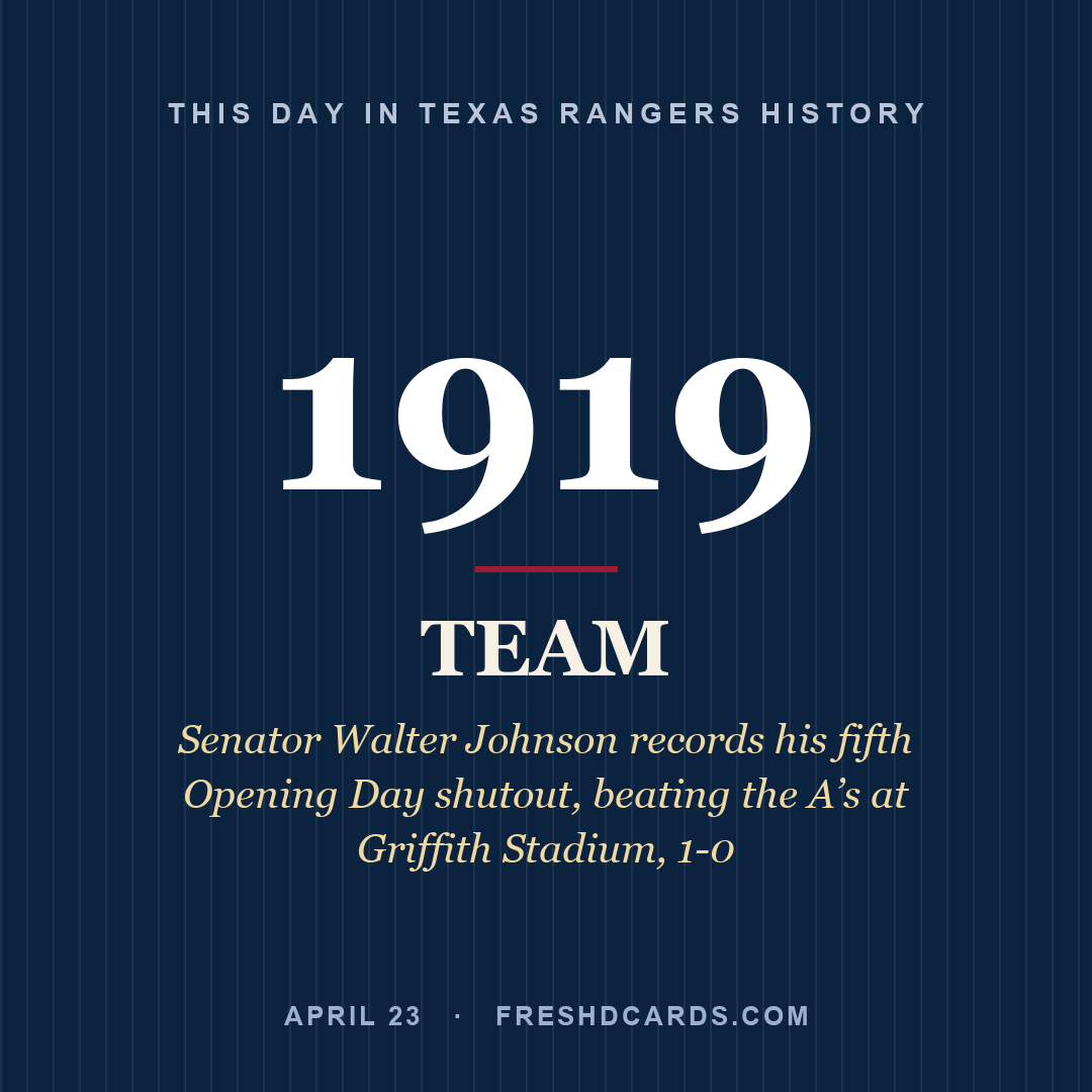 Texas Rangers: Texas Rangers, 1919, Senator Walter Johnson records his fifth Opening Day shutout, beating the A’s at Griffith Stadium, 1-0