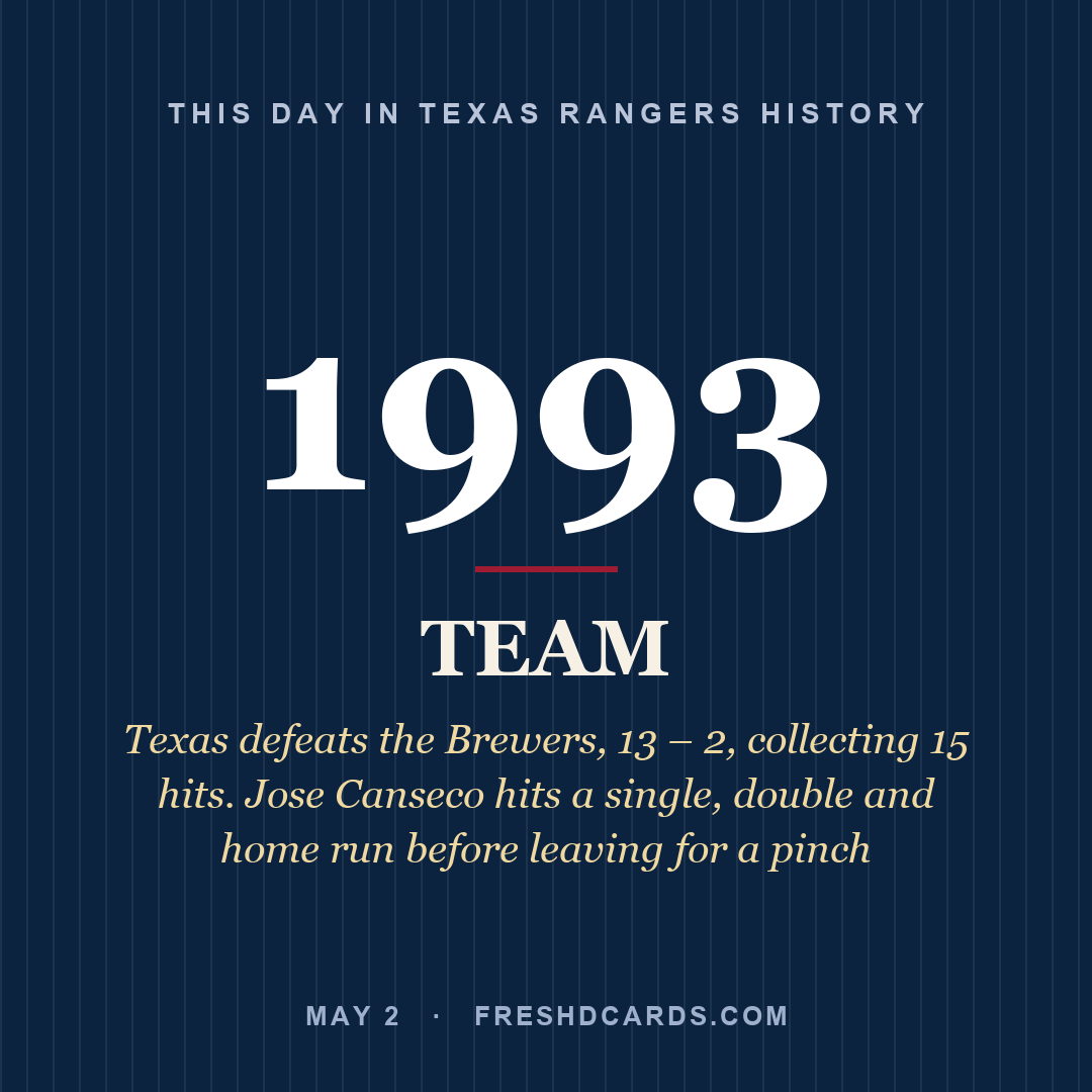 Texas Rangers: Texas Rangers, 1993, Texas defeats the Brewers, 13 – 2, collecting 15 hits. Jose Canseco hits a single, double and home run before leaving for a pinch