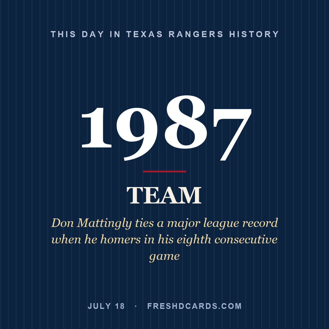 Texas Rangers: Texas Rangers, 1987, Don Mattingly ties a major league record when he homers in his eighth consecutive game