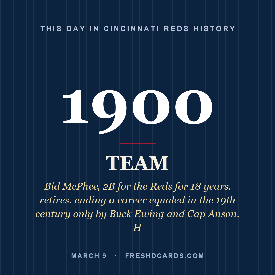 Cincinnati Reds: Cincinnati Reds, 1900, Bid McPhee‚ 2B for the Reds for 18 years‚ retires. ending a career equaled in the 19th century only by Buck Ewing and Cap Anson. H
