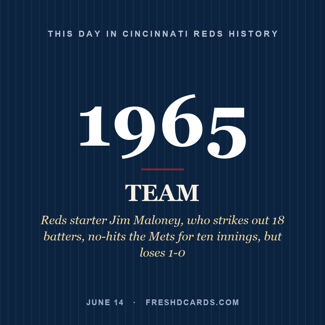 Cincinnati Reds: Cincinnati Reds, 1965, Reds starter Jim Maloney, who strikes out 18 batters, no-hits the Mets for ten innings, but loses 1-0
