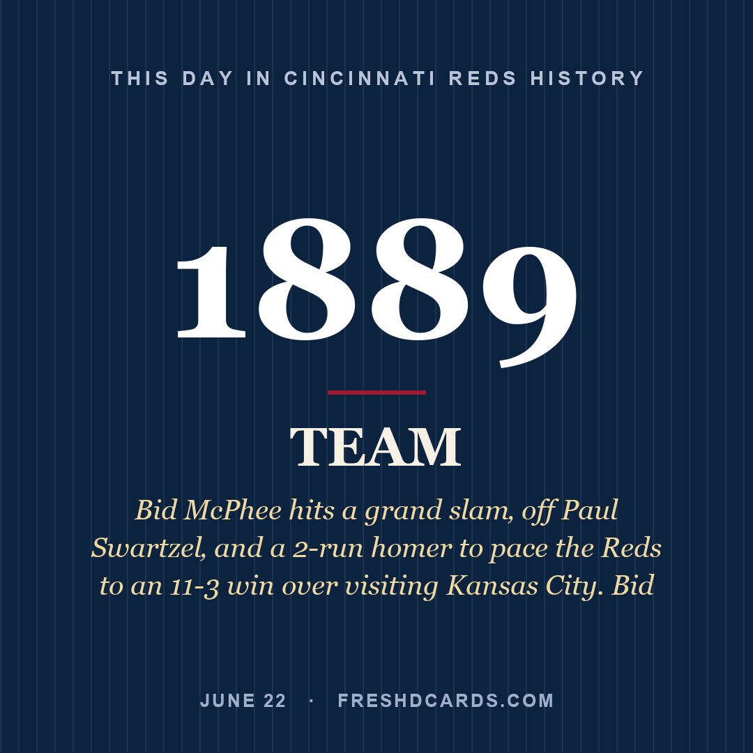 Cincinnati Reds: Cincinnati Reds, 1889, Bid McPhee hits a grand slam‚ off Paul Swartzel‚ and a 2-run homer to pace the Reds to an 11-3 win over visiting Kansas City. Bid