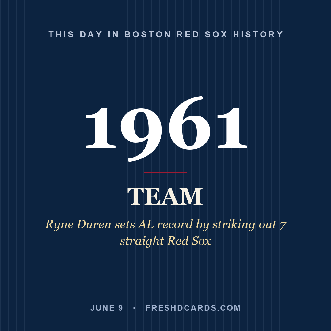 Boston Red Sox: Boston Red Sox, 1961, Ryne Duren sets AL record by striking out 7 straight Red Sox