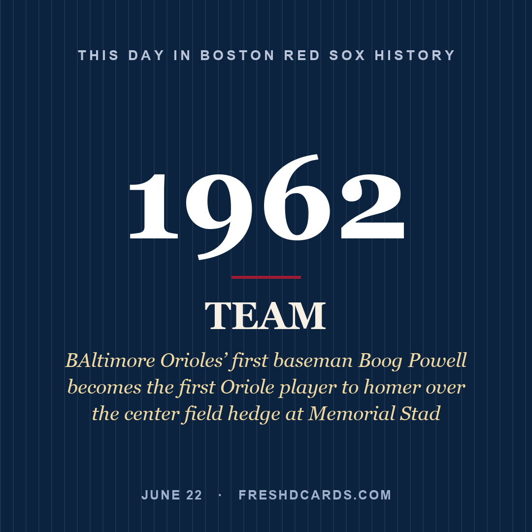 Boston Red Sox: Boston Red Sox, 1962, BAltimore Orioles’ first baseman Boog Powell becomes the first Oriole player to homer over the center field hedge at Memorial Stad