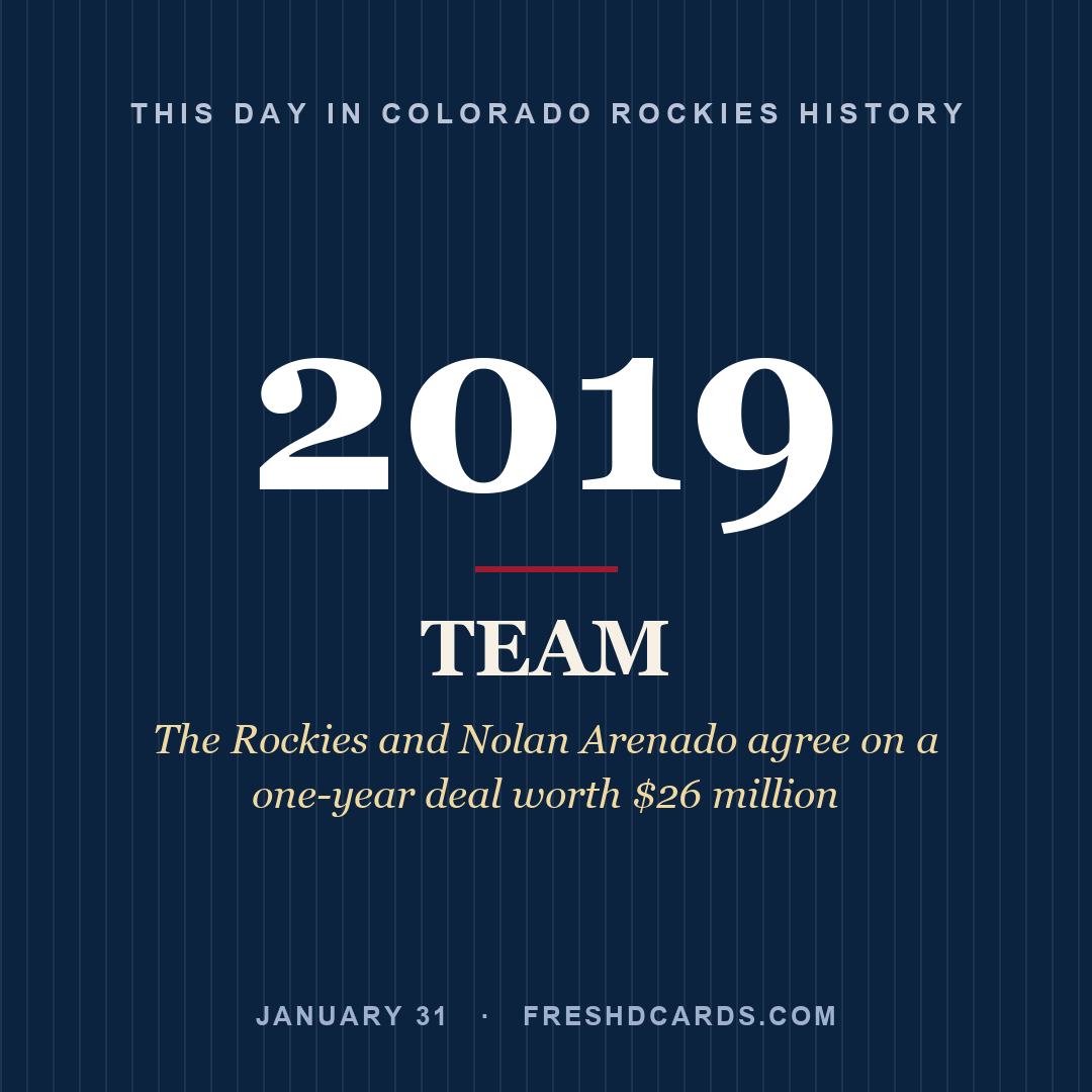 Colorado Rockies: Colorado Rockies, 2019, The Rockies and Nolan Arenado agree on a one-year deal worth $26 million