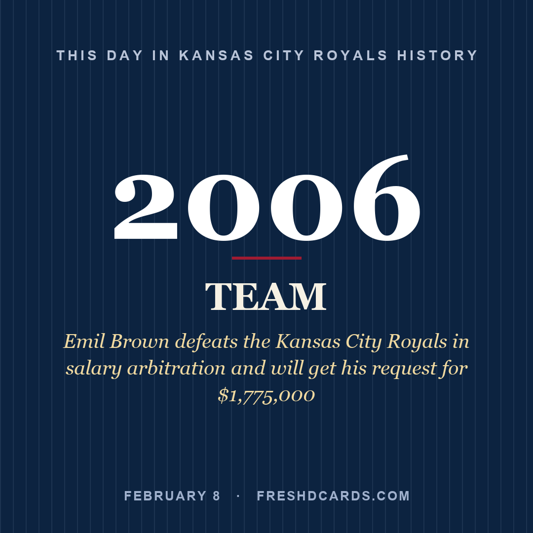 Kansas City Royals: Kansas City Royals, 2006, Emil Brown defeats the Kansas City Royals in salary arbitration and will get his request for $1,775,000