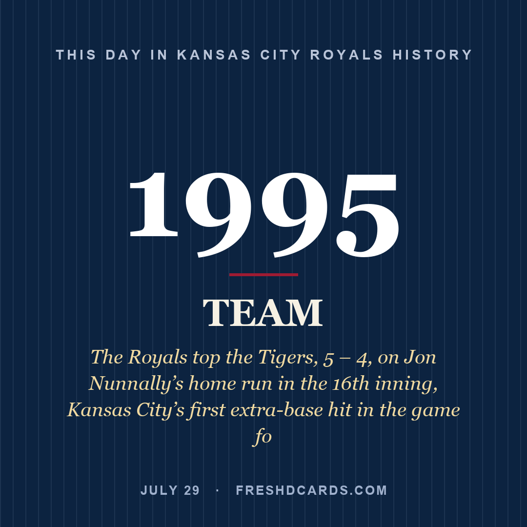 Kansas City Royals: Kansas City Royals, 1995, The Royals top the Tigers, 5 – 4, on Jon Nunnally’s home run in the 16th inning, Kansas City’s first extra-base hit in the game fo