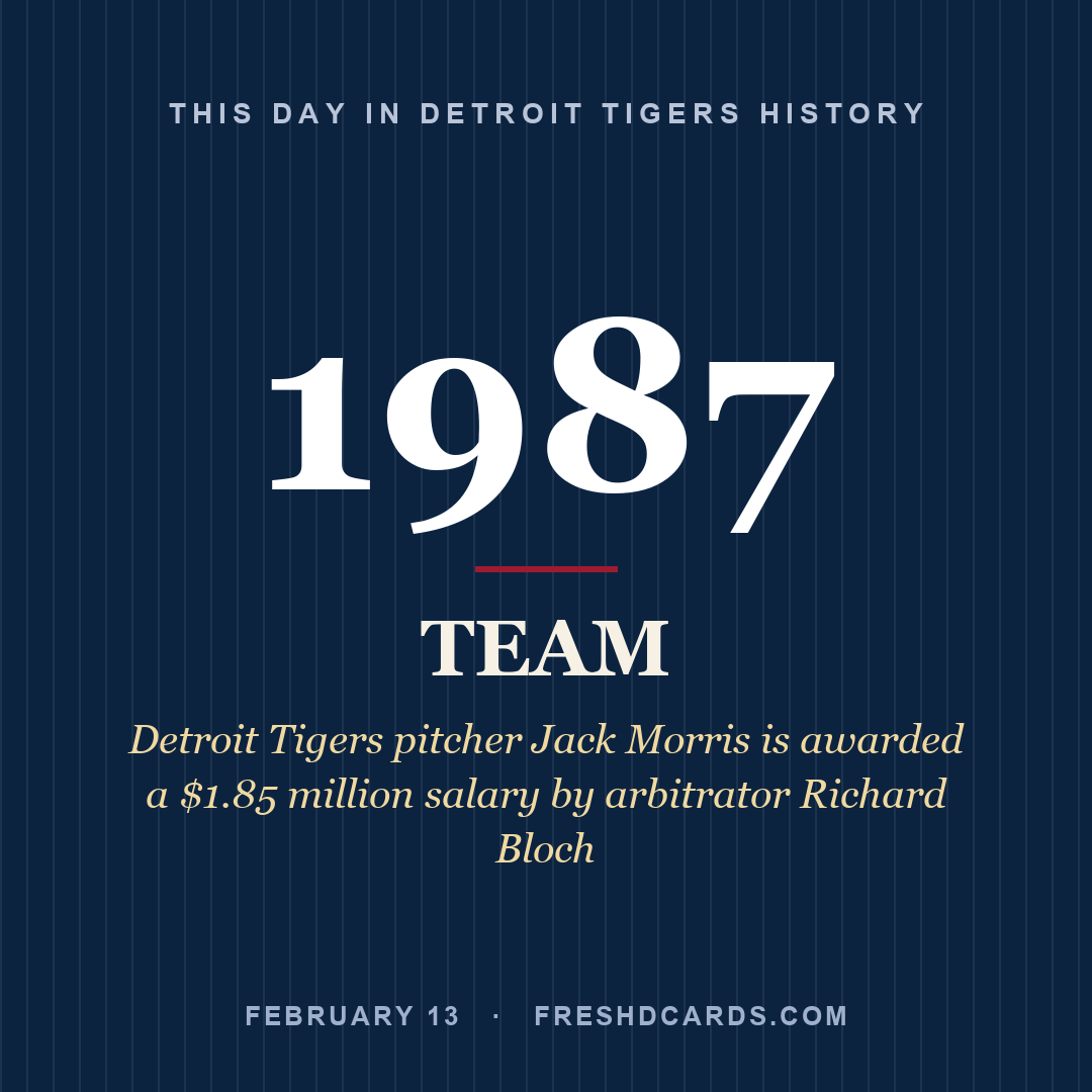 Detroit Tigers: Detroit Tigers, 1987, Detroit Tigers pitcher Jack Morris is awarded a $1.85 million salary by arbitrator Richard Bloch