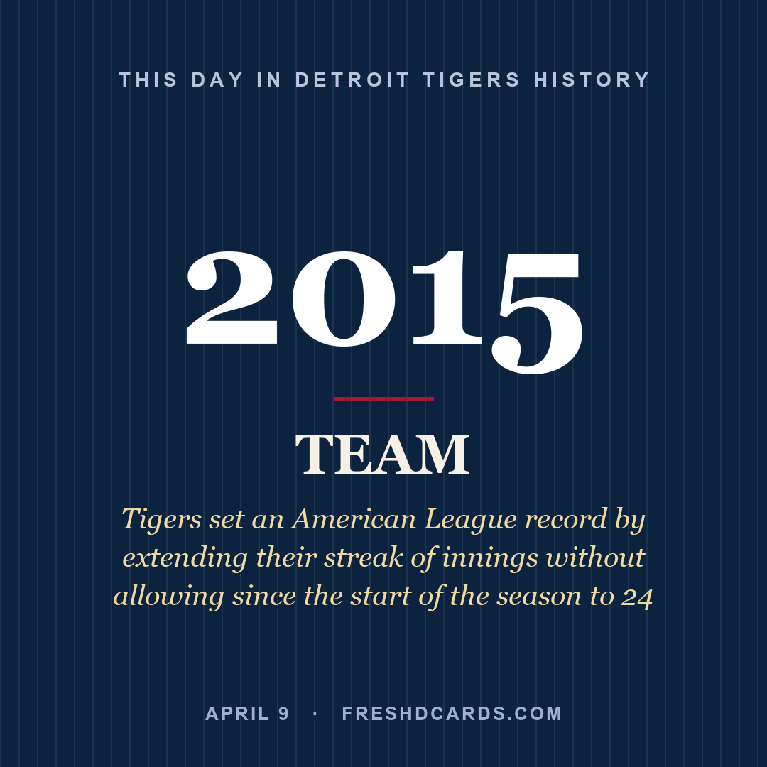 Detroit Tigers: Detroit Tigers, 2015, Tigers set an American League record by extending their streak of innings without allowing since the start of the season to 24