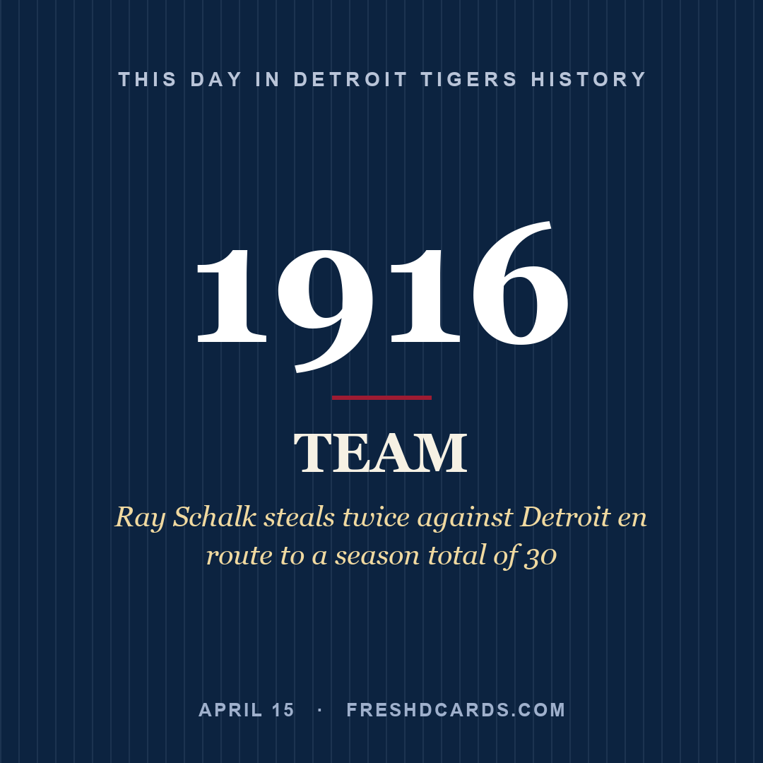 Detroit Tigers: Detroit Tigers, 1916, Ray Schalk steals twice against Detroit en route to a season total of 30