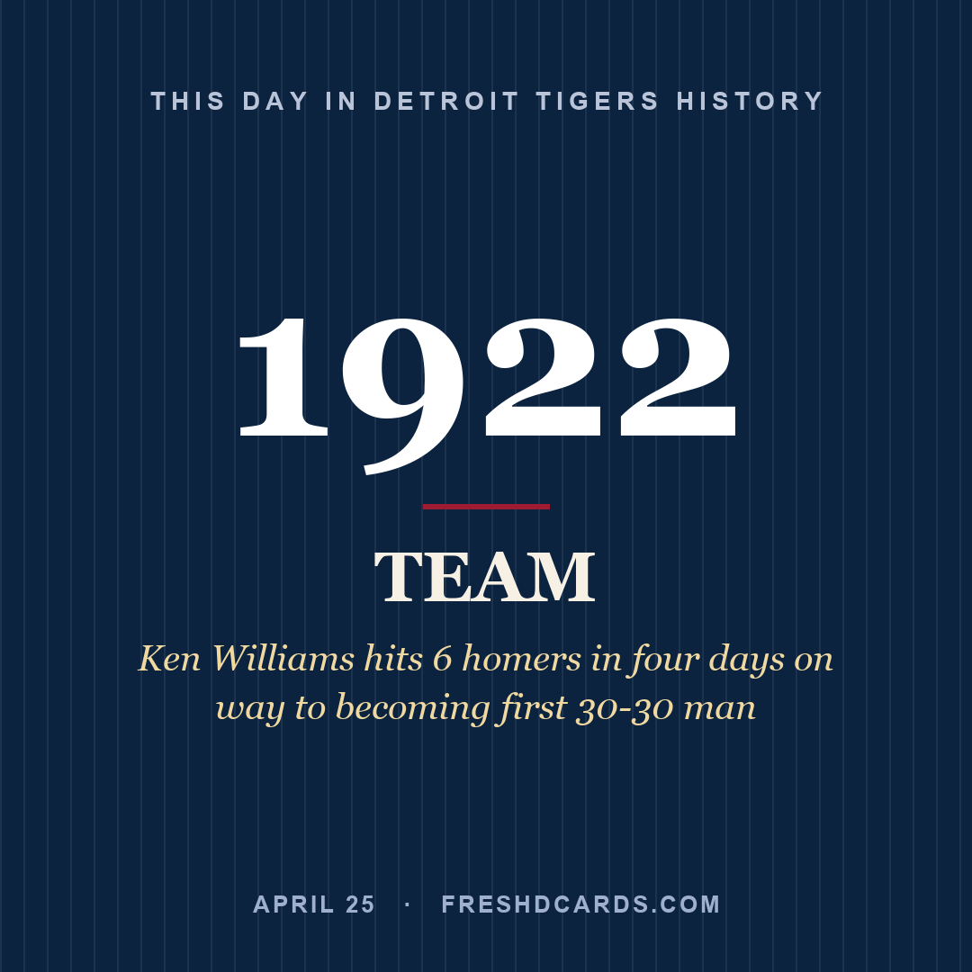 Detroit Tigers: Detroit Tigers, 1922, Ken Williams hits 6 homers in four days on way to becoming first 30-30 man