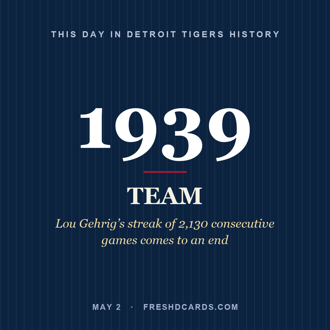 Detroit Tigers: Detroit Tigers, 1939, Lou Gehrig’s streak of 2,130 consecutive games comes to an end