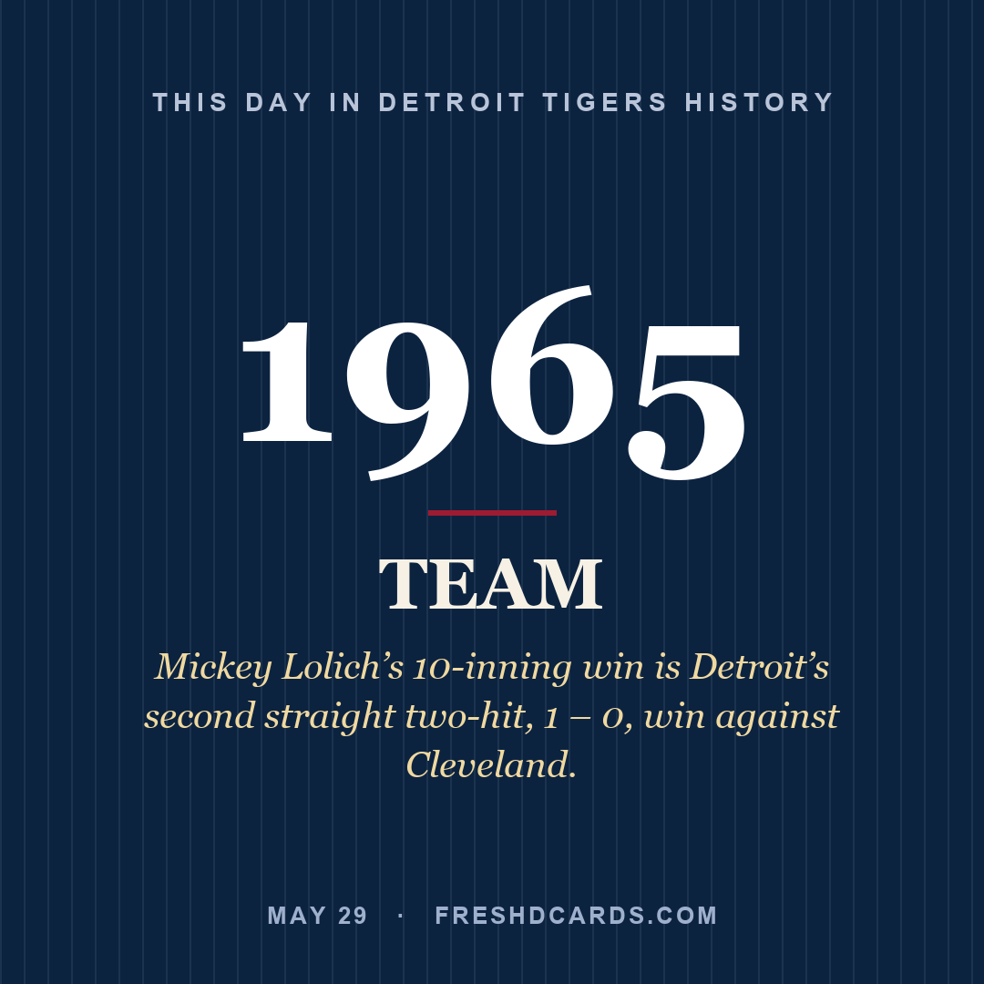 Detroit Tigers: Detroit Tigers, 1965, Mickey Lolich’s 10-inning win is Detroit’s second straight two-hit, 1 – 0, win against Cleveland.