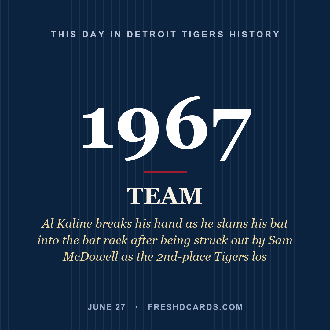 Detroit Tigers: Detroit Tigers, 1967, Al Kaline breaks his hand as he slams his bat into the bat rack after being struck out by Sam McDowell as the 2nd-place Tigers los