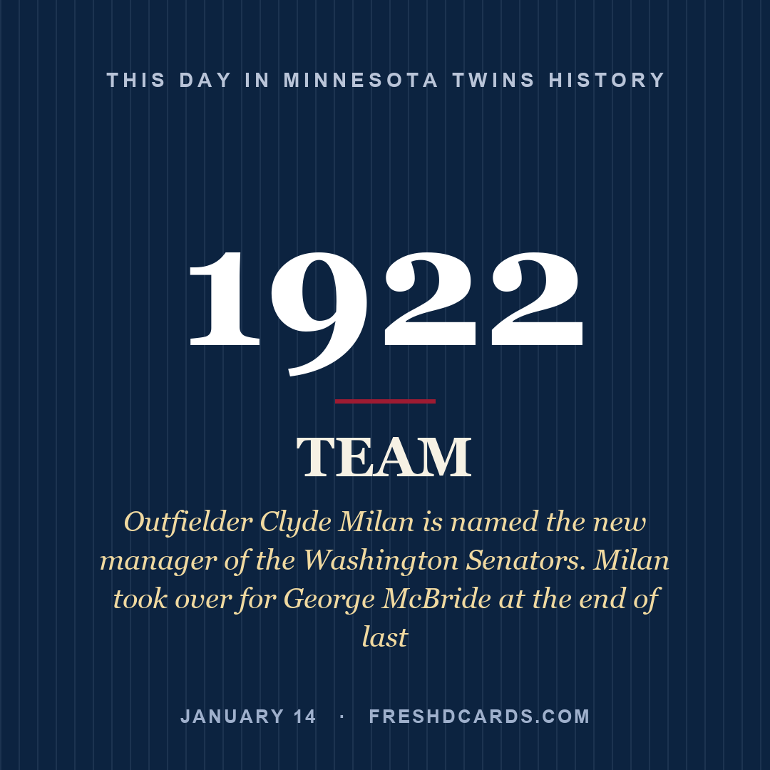 Minnesota Twins: Minnesota Twins, 1922, Outfielder Clyde Milan is named the new manager of the Washington Senators. Milan took over for George McBride at the end of last