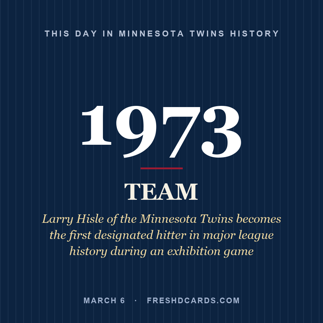 Minnesota Twins: Minnesota Twins, 1973, Larry Hisle of the Minnesota Twins becomes the first designated hitter in major league history during an exhibition game