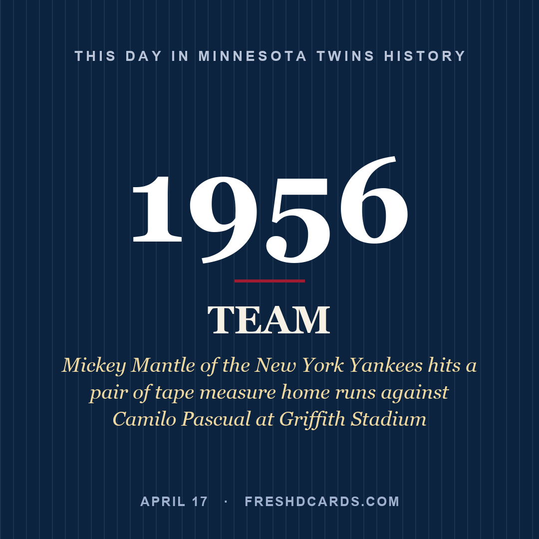 Minnesota Twins: Minnesota Twins, 1956, Mickey Mantle of the New York Yankees hits a pair of tape measure home runs against Camilo Pascual at Griffith Stadium