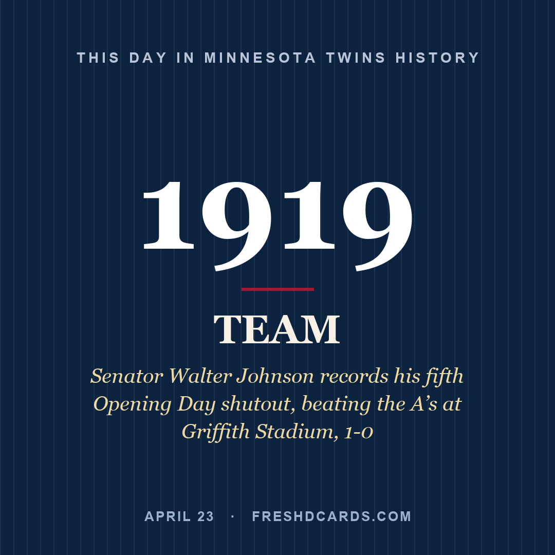 Minnesota Twins: Minnesota Twins, 1919, Senator Walter Johnson records his fifth Opening Day shutout, beating the A’s at Griffith Stadium, 1-0