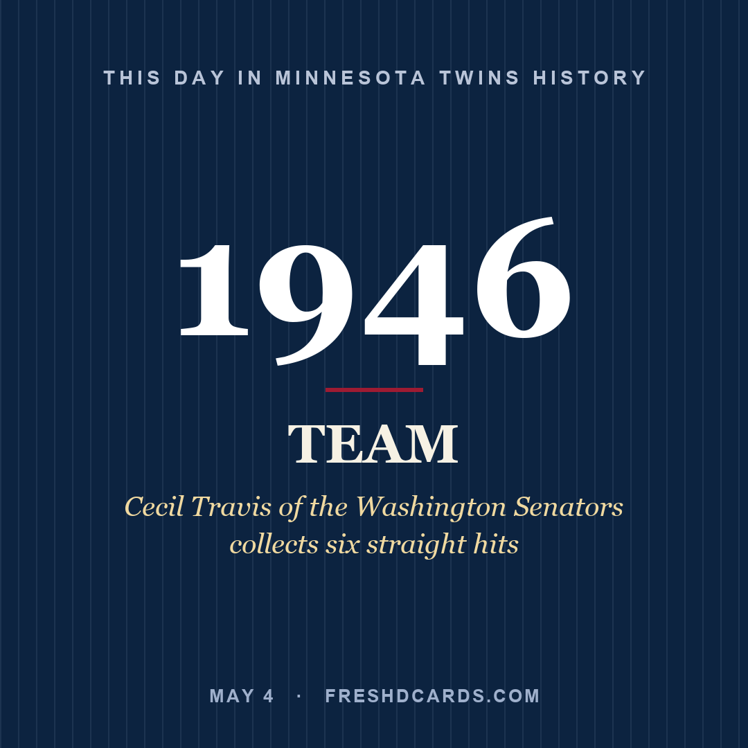 Minnesota Twins: Minnesota Twins, 1946, Cecil Travis of the Washington Senators collects six straight hits