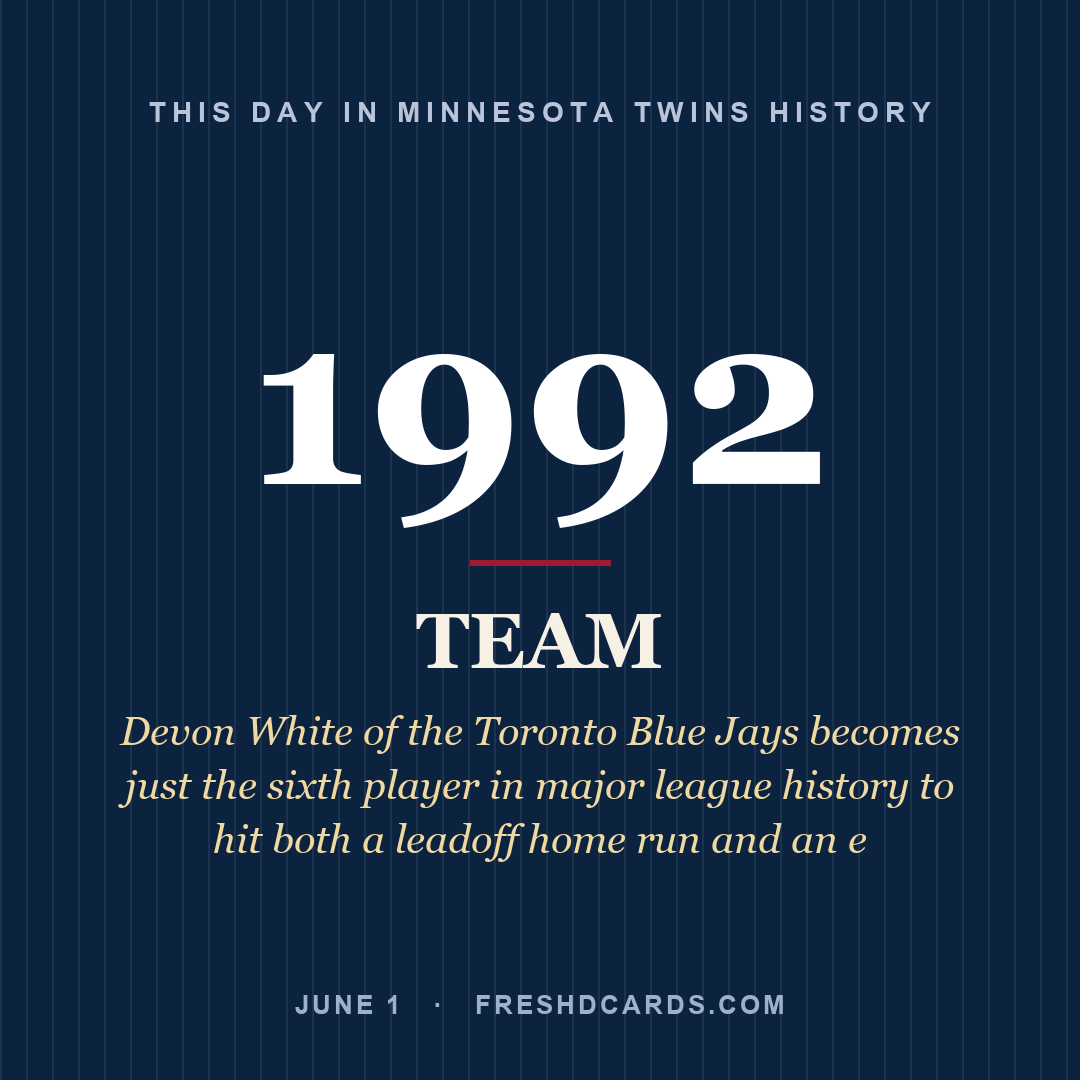 Minnesota Twins: Minnesota Twins, 1992, Devon White of the Toronto Blue Jays becomes just the sixth player in major league history to hit both a leadoff home run and an e