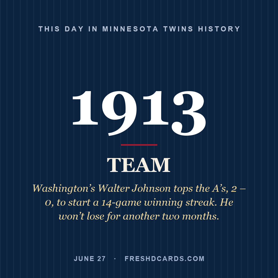 Minnesota Twins: Minnesota Twins, 1913, Washington’s Walter Johnson tops the A’s, 2 – 0, to start a 14-game winning streak. He won’t lose for another two months.