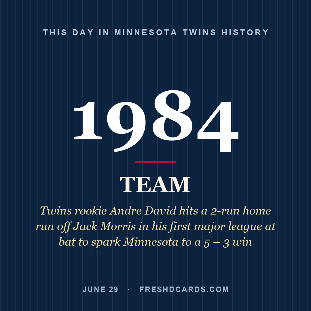 Minnesota Twins: Minnesota Twins, 1984, Twins rookie Andre David hits a 2-run home run off Jack Morris in his first major league at bat to spark Minnesota to a 5 – 3 win