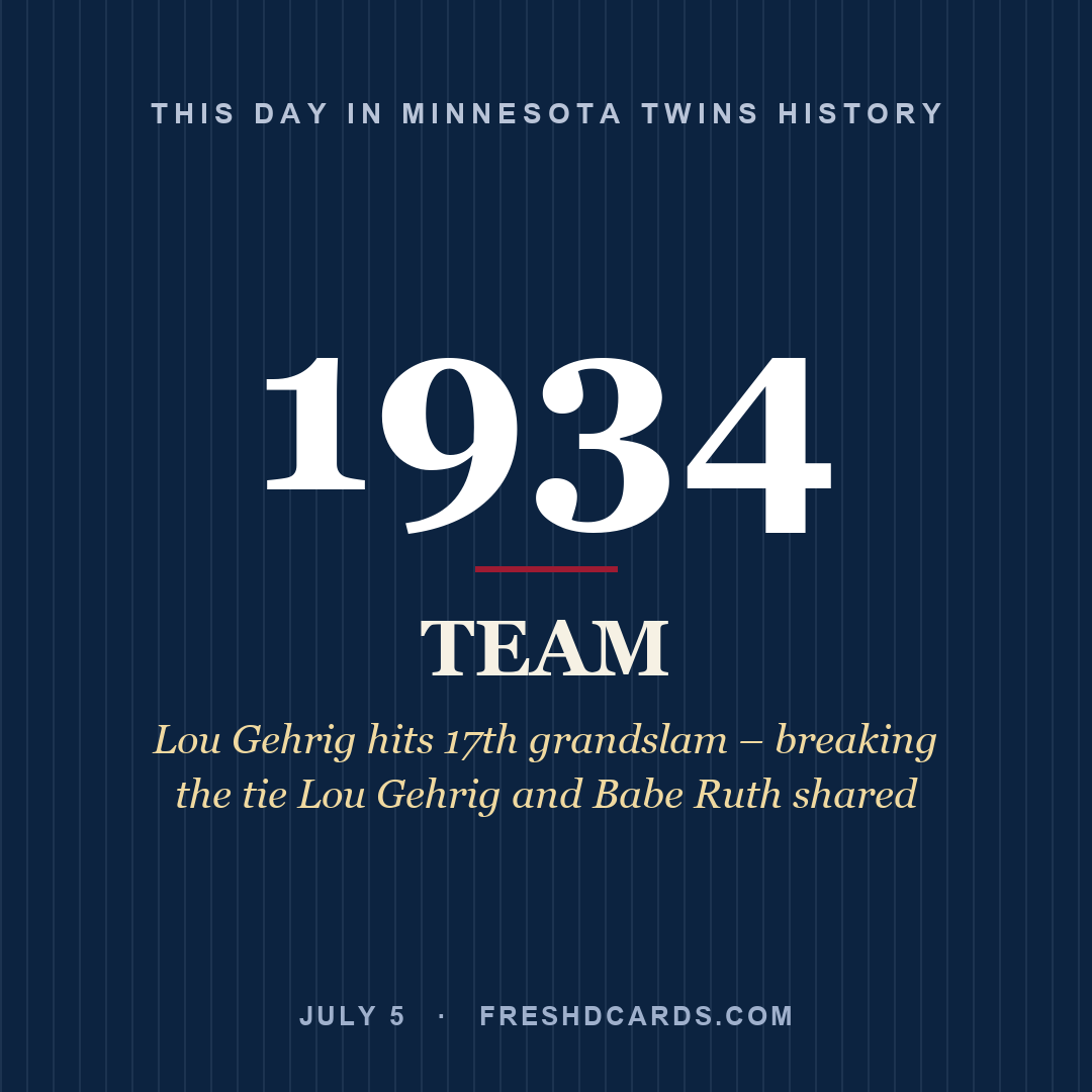 Minnesota Twins: Minnesota Twins, 1934, Lou Gehrig hits 17th grandslam – breaking the tie Lou Gehrig and Babe Ruth shared